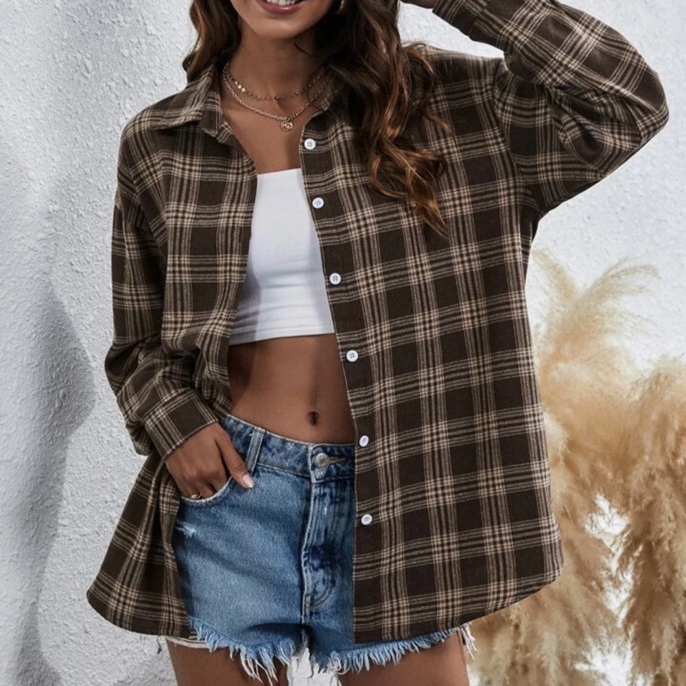 SHEIN Women’s Flannel Long Sleeve Shirt Brown and Tan Sz 6